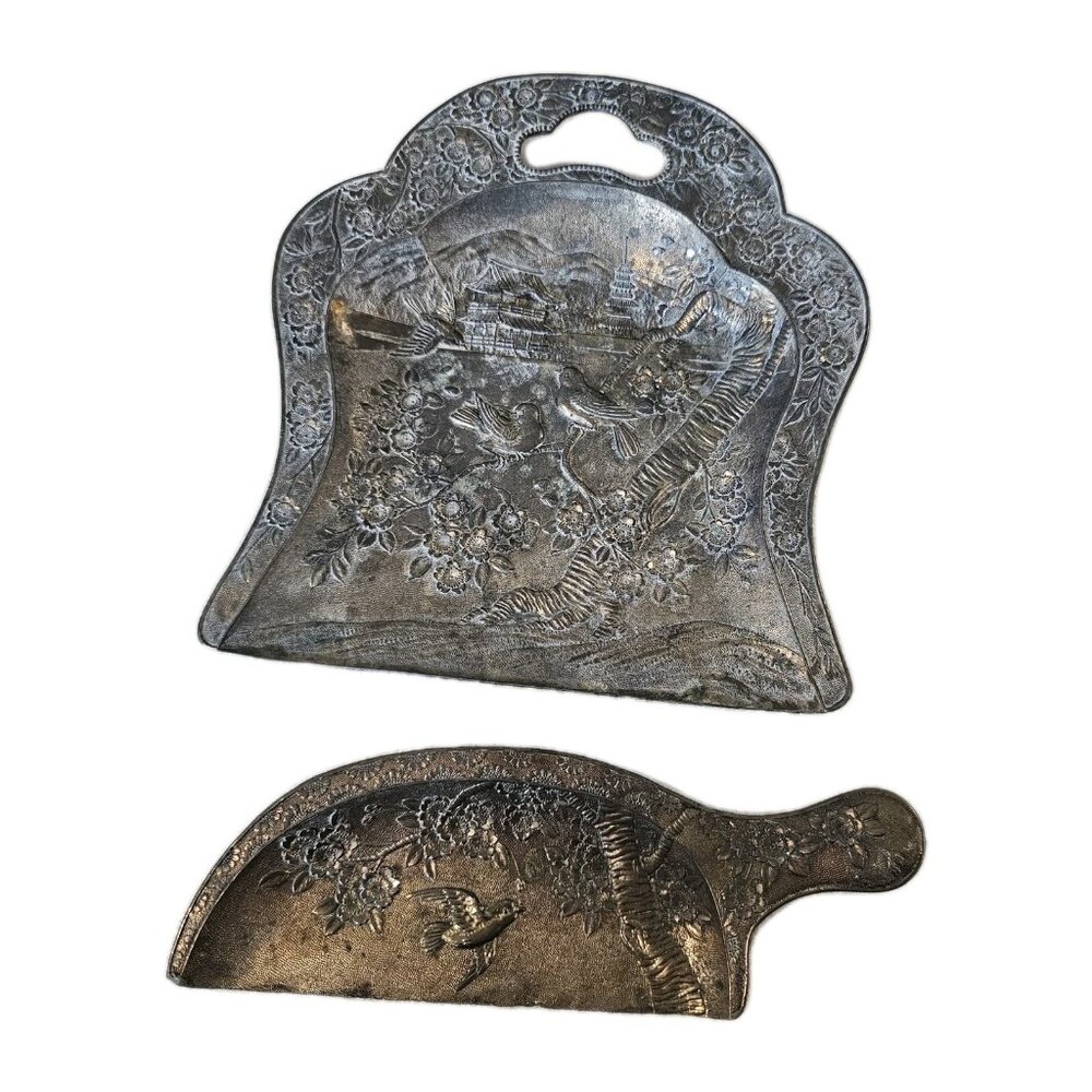 Antique Silver Plated Copper Japanese Crumb Catcher Set Floral Cherry Blossom